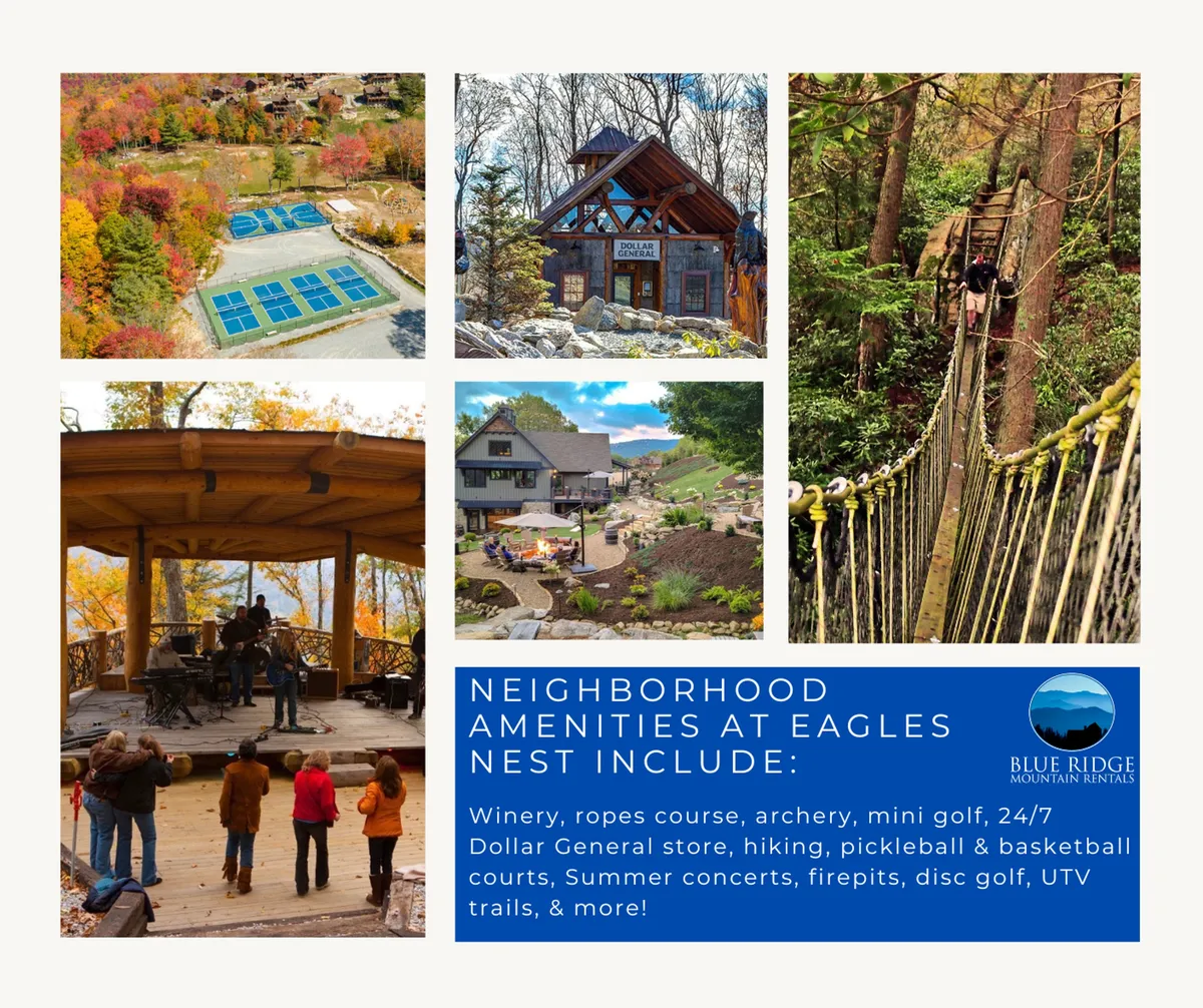 An inviting exterior scene featuring a ropes course, mini golf course, concert stage, a modern cabin, and a suspension bridge, all bustling with activity. People can be seen hiking and playing pickleball, with a lively yet relaxed community atmosphere.